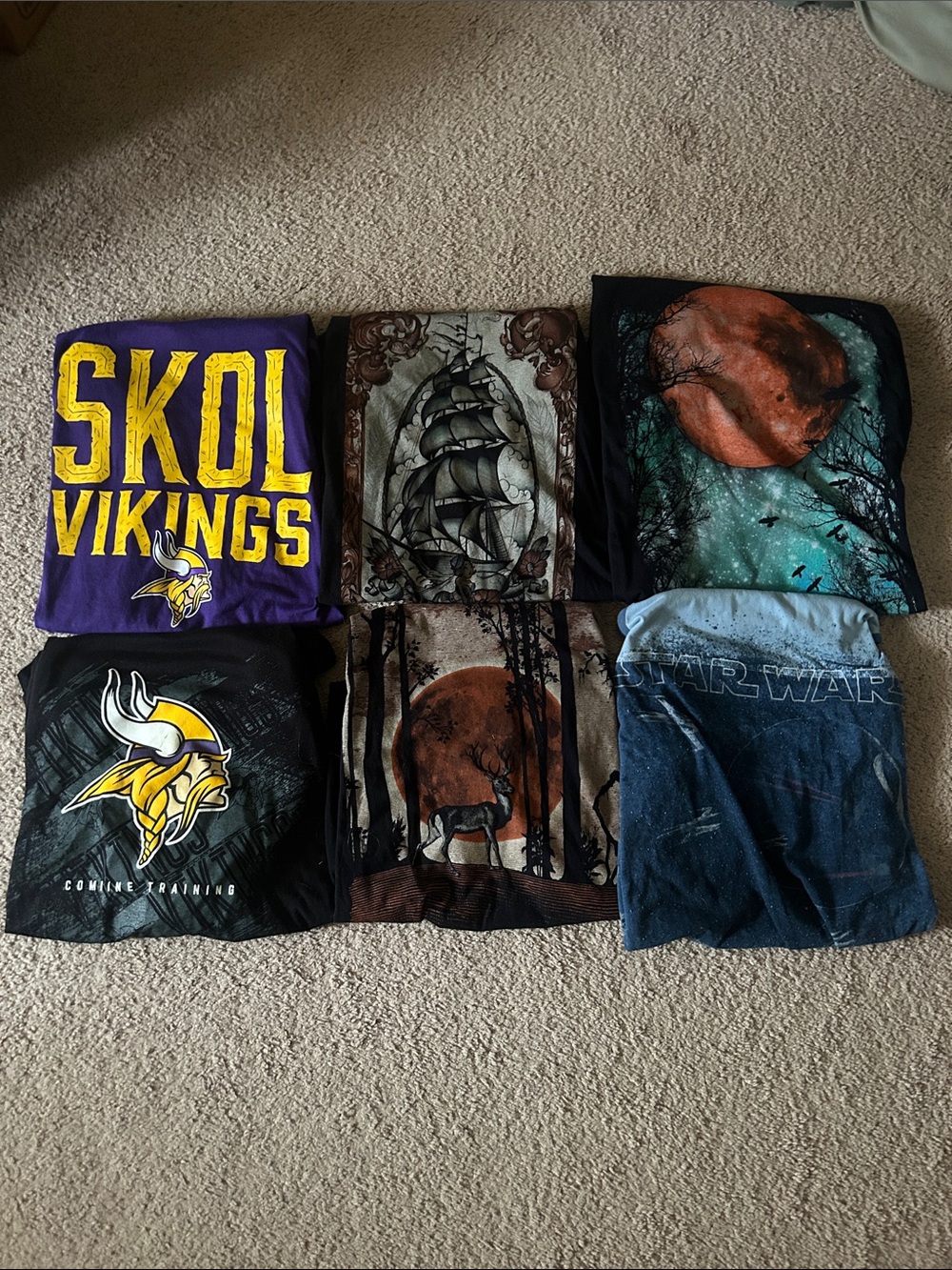 Lot of six men’s size L graphic shirts - Vikings, Star Wars, and graphic prints